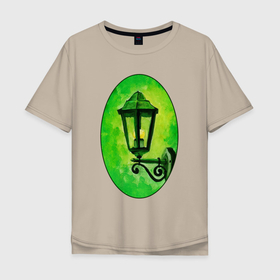 Мужская футболка хлопок Oversize с принтом Зелёный уличный фонарь в рамке в Курске, 100% хлопок | свободный крой, круглый ворот, “спинка” длиннее передней части | 