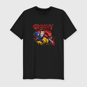 Мужская футболка хлопок Slim с принтом Groovy Ash   Evil Dead в Белгороде, 92% хлопок, 8% лайкра | приталенный силуэт, круглый вырез ворота, длина до линии бедра, короткий рукав | 