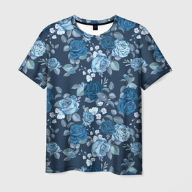 Мужская футболка 3D с принтом Голубые розы паттерн , 100% полиэфир | прямой крой, круглый вырез горловины, длина до линии бедер | 