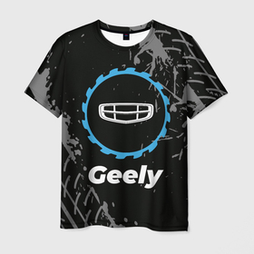 Мужская футболка 3D с принтом Geely в стиле Top Gear со следами шин на фоне в Петрозаводске, 100% полиэфир | прямой крой, круглый вырез горловины, длина до линии бедер | 