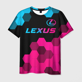 Мужская футболка 3D с принтом Lexus   neon gradient: символ сверху , 100% полиэфир | прямой крой, круглый вырез горловины, длина до линии бедер | Тематика изображения на принте: 