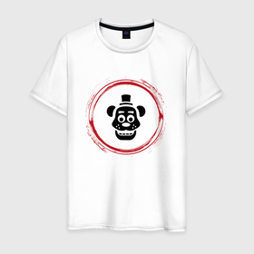 Мужская футболка хлопок с принтом Символ FNAF и красная краска вокруг в Белгороде, 100% хлопок | прямой крой, круглый вырез горловины, длина до линии бедер, слегка спущенное плечо. | Тематика изображения на принте: 