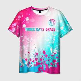 Мужская футболка 3D с принтом Three Days Grace neon gradient style: символ сверху в Тюмени, 100% полиэфир | прямой крой, круглый вырез горловины, длина до линии бедер | 
