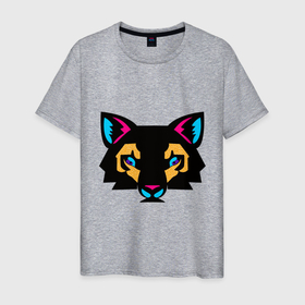 Мужская футболка хлопок с принтом Яркий абстрактный кот в Санкт-Петербурге, 100% хлопок | прямой крой, круглый вырез горловины, длина до линии бедер, слегка спущенное плечо. | 