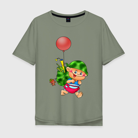 Мужская футболка хлопок Oversize с принтом военный малыш с шариком в Курске, 100% хлопок | свободный крой, круглый ворот, “спинка” длиннее передней части | Тематика изображения на принте: 