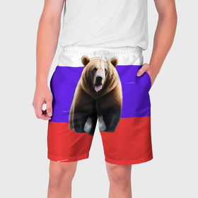 Мужские шорты 3D с принтом Медведь на флаге в Курске,  полиэстер 100% | прямой крой, два кармана без застежек по бокам. Мягкая трикотажная резинка на поясе, внутри которой широкие завязки. Длина чуть выше колен | 