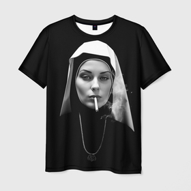 Мужская футболка 3D с принтом Красивая монашка курит сигарету в Белгороде, 100% полиэфир | прямой крой, круглый вырез горловины, длина до линии бедер | 