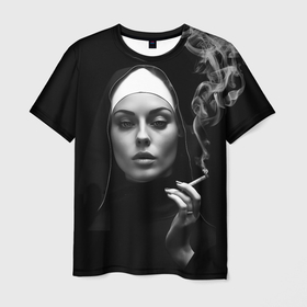 Мужская футболка 3D с принтом Красивая монашка с сигаретой в Белгороде, 100% полиэфир | прямой крой, круглый вырез горловины, длина до линии бедер | 