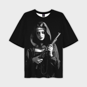 Мужская футболка oversize 3D с принтом Воинственная монашка с оружием в Екатеринбурге,  |  | Тематика изображения на принте: 