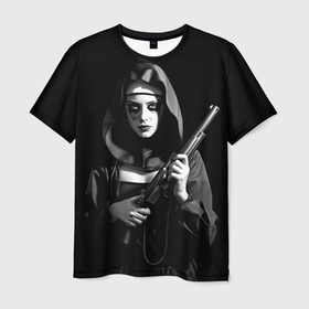 Мужская футболка 3D с принтом Воинственная монашка с оружием в Курске, 100% полиэфир | прямой крой, круглый вырез горловины, длина до линии бедер | Тематика изображения на принте: 