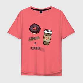 Мужская футболка хлопок Oversize с принтом Donuts  Coffee в Тюмени, 100% хлопок | свободный крой, круглый ворот, “спинка” длиннее передней части | 