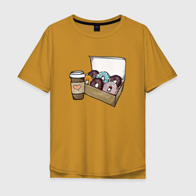 Мужская футболка хлопок Oversize с принтом Кофе и пончики в Курске, 100% хлопок | свободный крой, круглый ворот, “спинка” длиннее передней части | Тематика изображения на принте: 