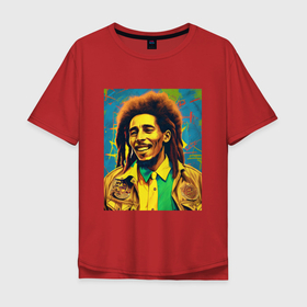 Мужская футболка хлопок Oversize с принтом Счастливый Боб Марли Арт в Кировске, 100% хлопок | свободный крой, круглый ворот, “спинка” длиннее передней части | 