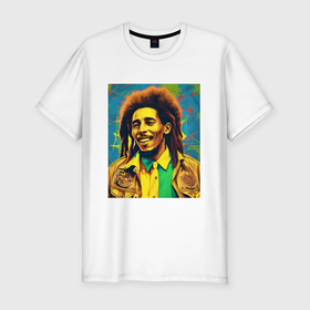 Мужская футболка хлопок Slim с принтом Счастливый Боб Марли Арт в Кировске, 92% хлопок, 8% лайкра | приталенный силуэт, круглый вырез ворота, длина до линии бедра, короткий рукав | 