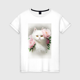 Женская футболка хлопок с принтом Иллюстрация милого белого кота в Курске, 100% хлопок | прямой крой, круглый вырез горловины, длина до линии бедер, слегка спущенное плечо | 