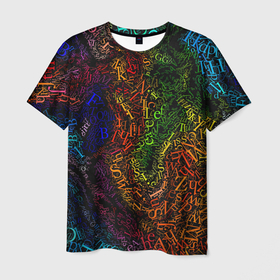Мужская футболка 3D с принтом Разноцветные английские буквы в Петрозаводске, 100% полиэфир | прямой крой, круглый вырез горловины, длина до линии бедер | 