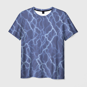 Мужская футболка 3D с принтом Электрический разряд на голубом фоне , 100% полиэфир | прямой крой, круглый вырез горловины, длина до линии бедер | 