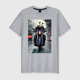 Мужская футболка хлопок Slim с принтом Panda   cool biker   neural network в Екатеринбурге, 92% хлопок, 8% лайкра | приталенный силуэт, круглый вырез ворота, длина до линии бедра, короткий рукав | Тематика изображения на принте: 