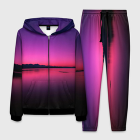 Мужской костюм 3D с принтом Тёмные фиолетовые река и небо в Курске, 100% полиэстер | Манжеты и пояс оформлены тканевой резинкой, двухслойный капюшон со шнурком для регулировки, карманы спереди | Тематика изображения на принте: 