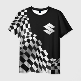 Мужская футболка 3D с принтом Suzuki racing flag , 100% полиэфир | прямой крой, круглый вырез горловины, длина до линии бедер | 