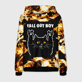 Мужская толстовка 3D с принтом Fall Out Boy рок кот и огонь в Екатеринбурге, 100% полиэстер | двухслойный капюшон со шнурком для регулировки, мягкие манжеты на рукавах и по низу толстовки, спереди карман-кенгуру с мягким внутренним слоем. | 