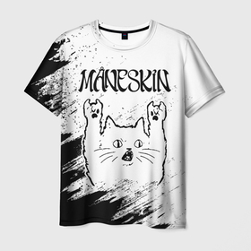 Мужская футболка 3D с принтом Maneskin рок кот на светлом фоне в Екатеринбурге, 100% полиэфир | прямой крой, круглый вырез горловины, длина до линии бедер | 