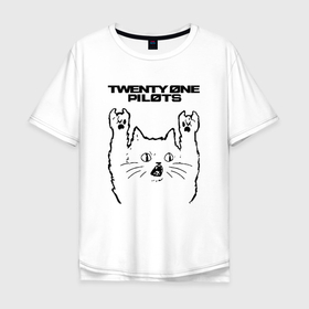 Мужская футболка хлопок Oversize с принтом Twenty One Pilots   rock cat в Санкт-Петербурге, 100% хлопок | свободный крой, круглый ворот, “спинка” длиннее передней части | 