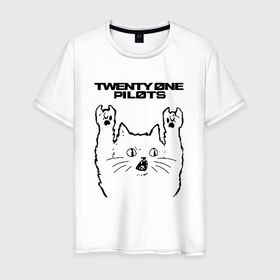 Мужская футболка хлопок с принтом Twenty One Pilots   rock cat в Петрозаводске, 100% хлопок | прямой крой, круглый вырез горловины, длина до линии бедер, слегка спущенное плечо. | 