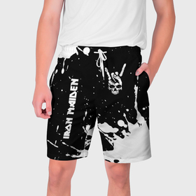 Мужские шорты 3D с принтом Iron Maiden и рок символ на темном фоне в Тюмени,  полиэстер 100% | прямой крой, два кармана без застежек по бокам. Мягкая трикотажная резинка на поясе, внутри которой широкие завязки. Длина чуть выше колен | 