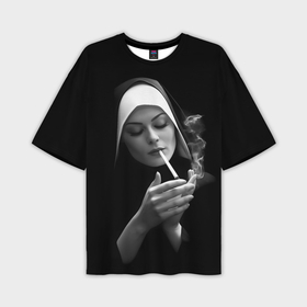 Мужская футболка oversize 3D с принтом Красивая монашка с длинной сигаретой в Санкт-Петербурге,  |  | 