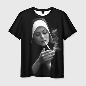 Мужская футболка 3D с принтом Красивая монашка с длинной сигаретой в Белгороде, 100% полиэфир | прямой крой, круглый вырез горловины, длина до линии бедер | 