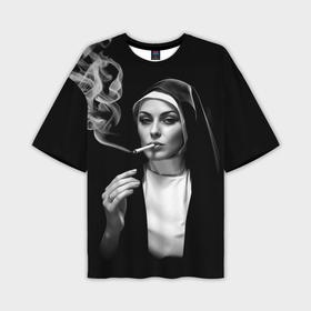 Мужская футболка oversize 3D с принтом Красивая монашка дымит сигаретой в Екатеринбурге,  |  | 