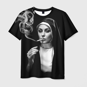 Мужская футболка 3D с принтом Красивая монашка дымит сигаретой в Белгороде, 100% полиэфир | прямой крой, круглый вырез горловины, длина до линии бедер | 