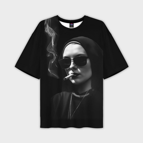 Мужская футболка oversize 3D с принтом Монашка в черных очках с сигарой в Санкт-Петербурге,  |  | Тематика изображения на принте: 