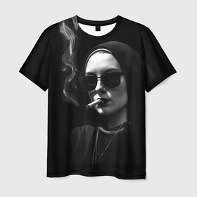 Мужская футболка 3D с принтом Монашка в черных очках с сигарой в Санкт-Петербурге, 100% полиэфир | прямой крой, круглый вырез горловины, длина до линии бедер | Тематика изображения на принте: 