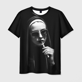 Мужская футболка 3D с принтом Монашка в черных очках курит сигару в Санкт-Петербурге, 100% полиэфир | прямой крой, круглый вырез горловины, длина до линии бедер | Тематика изображения на принте: 