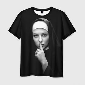 Мужская футболка 3D с принтом Монашка жестом просит молчать в Белгороде, 100% полиэфир | прямой крой, круглый вырез горловины, длина до линии бедер | Тематика изображения на принте: 