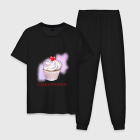 Мужская пижама хлопок с принтом Акварельный капкейк в Курске, 100% хлопок | брюки и футболка прямого кроя, без карманов, на брюках мягкая резинка на поясе и по низу штанин
 | 
