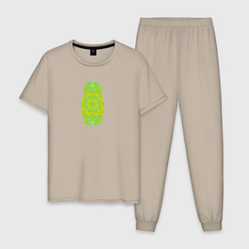 Мужская пижама хлопок с принтом Матрешка в зелено желтых цветах в Петрозаводске, 100% хлопок | брюки и футболка прямого кроя, без карманов, на брюках мягкая резинка на поясе и по низу штанин
 | 