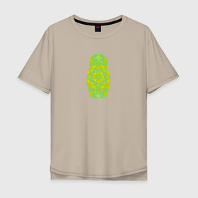 Мужская футболка хлопок Oversize с принтом Матрешка в зелено желтых цветах в Санкт-Петербурге, 100% хлопок | свободный крой, круглый ворот, “спинка” длиннее передней части | Тематика изображения на принте: 