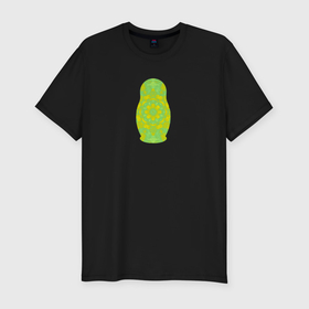 Мужская футболка хлопок Slim с принтом Матрешка в зелено желтых цветах в Санкт-Петербурге, 92% хлопок, 8% лайкра | приталенный силуэт, круглый вырез ворота, длина до линии бедра, короткий рукав | Тематика изображения на принте: 