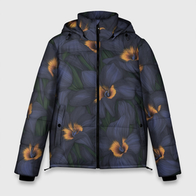 Мужская зимняя куртка 3D с принтом Темно синие цветы в Санкт-Петербурге, верх — 100% полиэстер; подкладка — 100% полиэстер; утеплитель — 100% полиэстер | длина ниже бедра, свободный силуэт Оверсайз. Есть воротник-стойка, отстегивающийся капюшон и ветрозащитная планка. 

Боковые карманы с листочкой на кнопках и внутренний карман на молнии. | 