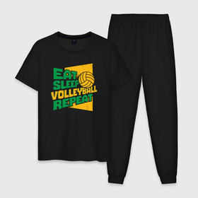 Мужская пижама хлопок с принтом Eat sleep volleyball , 100% хлопок | брюки и футболка прямого кроя, без карманов, на брюках мягкая резинка на поясе и по низу штанин
 | Тематика изображения на принте: 