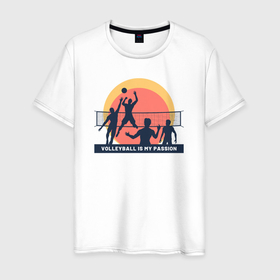 Мужская футболка хлопок с принтом Волейбол моя страсть в Кировске, 100% хлопок | прямой крой, круглый вырез горловины, длина до линии бедер, слегка спущенное плечо. | 