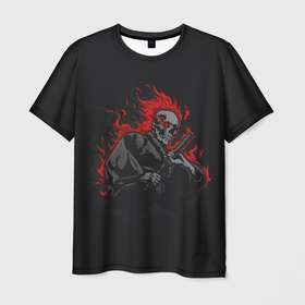 Мужская футболка 3D с принтом Огненный скелет самурай , 100% полиэфир | прямой крой, круглый вырез горловины, длина до линии бедер | 