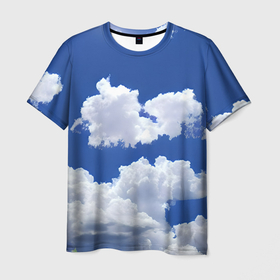 Мужская футболка 3D с принтом Голубое небо и облака в Тюмени, 100% полиэфир | прямой крой, круглый вырез горловины, длина до линии бедер | 