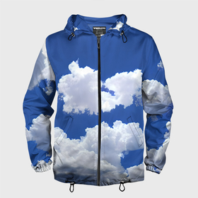Мужская ветровка 3D с принтом Голубое небо и облака в Санкт-Петербурге, 100% полиэстер | подол и капюшон оформлены резинкой с фиксаторами, два кармана без застежек по бокам, один потайной карман на груди | 