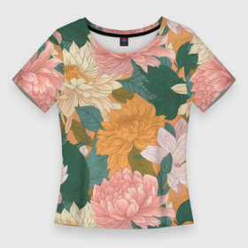 Женская футболка 3D Slim с принтом Цветочный пестрый узор с пионами и хризантемами ,  |  | 