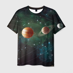Мужская футболка 3D с принтом Планетная система в Санкт-Петербурге, 100% полиэфир | прямой крой, круглый вырез горловины, длина до линии бедер | 