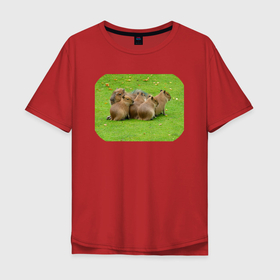 Мужская футболка хлопок Oversize с принтом Семья капибар на полянке в Тюмени, 100% хлопок | свободный крой, круглый ворот, “спинка” длиннее передней части | 